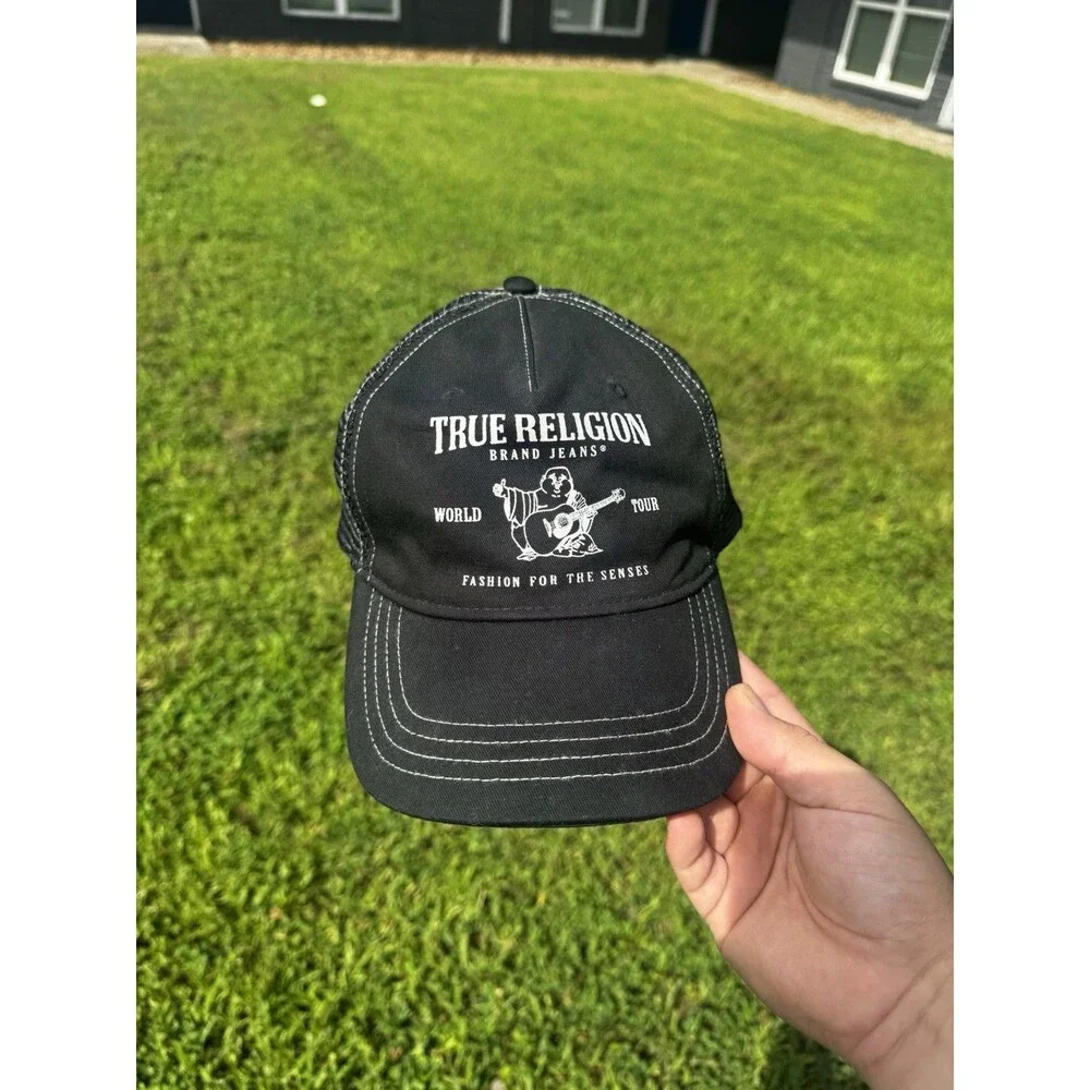 Y2K True Religion World Tour Buddha Black Mesh Back Adjustable Trucker Hat NWOT